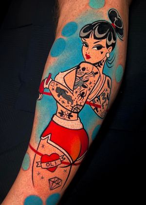 Vibrant new school style tattoo of a boxing girl on lower leg by Cloto.tattoos. Show your strength and femininity with this unique design.