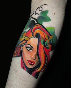 Get inked with this stunning neo-traditional girl tattoo by Cloto.tattoos, featuring vibrant colors and intricate details. Perfect for those looking for a unique and playful design.