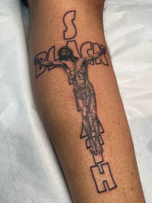 Black sabbath with fine line Jesus. Religious tattoo 