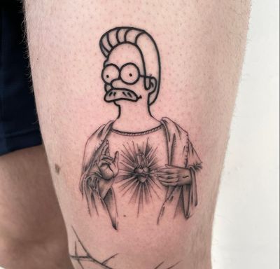 Ned Flanders fine line Jesus mash up. Religious tattoo 