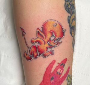 Little Red Devil. Fine line colour tattoo 