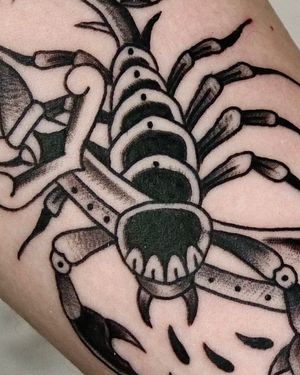 Get a stunning traditional scorpion tattoo by the talented artist Andrew Garinther. Bold lines and vibrant colors for a timeless design.