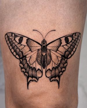 Unique and intricate butterfly tattoo by Andrew Garinther, blending blackwork and dotwork styles for a striking illustrative design.