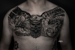 Ocean chest tattoo #ocean #oceantattoo #skull #ship #octopus