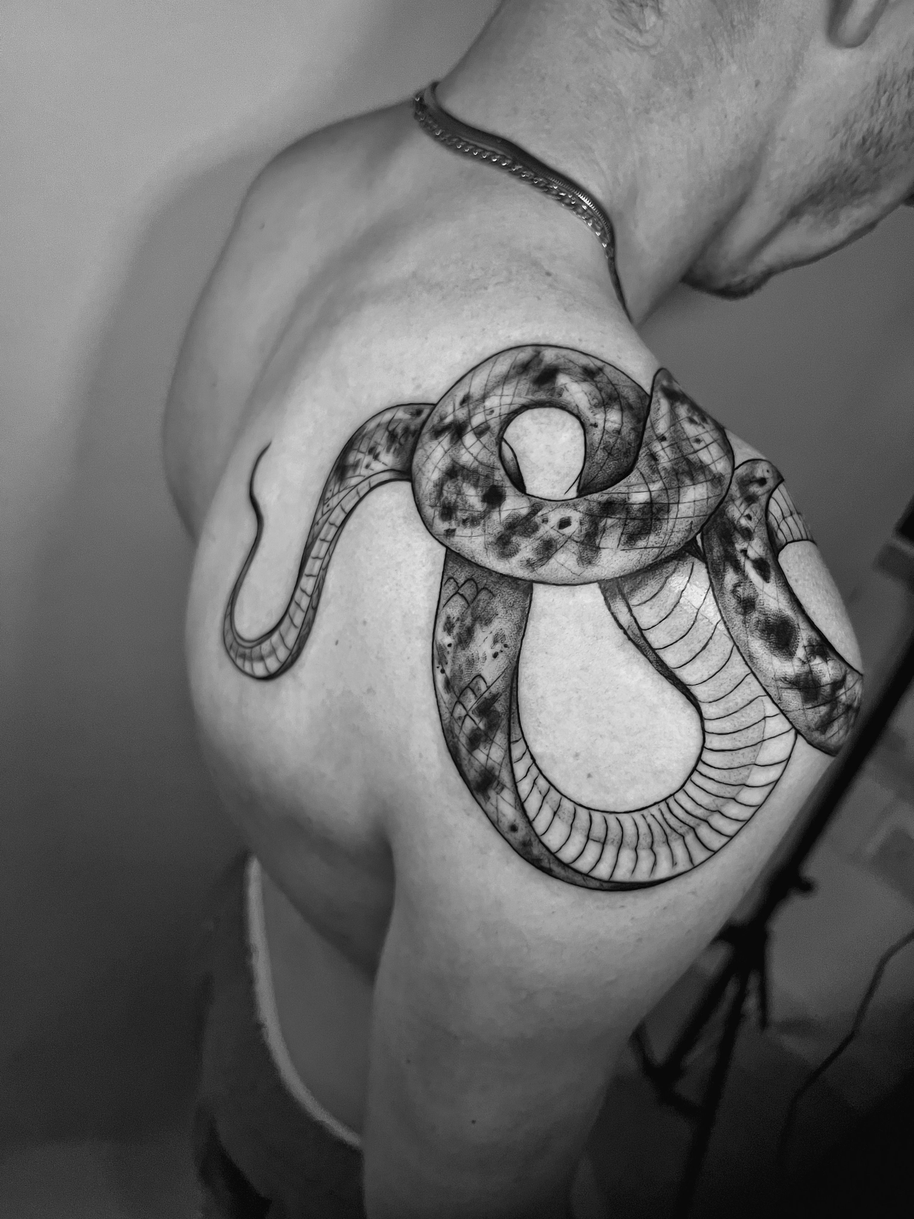 Single needle snake tattoo on the chest (healed).