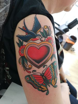 Traditional heart, swallow and butterfly