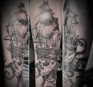 Skull pirate ship with kraken Henshin tattoo studio 
