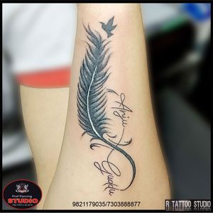 Feather with Infinity symbol tattoo..#feather #infinity #symbol #feathertattoo #infinitytattoo #symboltattoo #love  #lovetattoo #family #bonding #tattoo #tattoos #tattooing #ink #inked #art #artist #coveruptattoo #rtattoo #rtattoos #rtattoostudio #ghatkopar #ghatkoparwest #mumbai #india