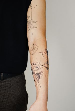 Explore the mystical world with this fine line tattoo featuring a moon, triangles, and signs, created by Gabriele Edu.