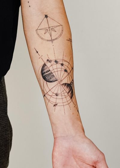 Explore the mystique of the moon with this fine line geometric design, featuring signs and a novel triangle motif. By Gabriele Edu.