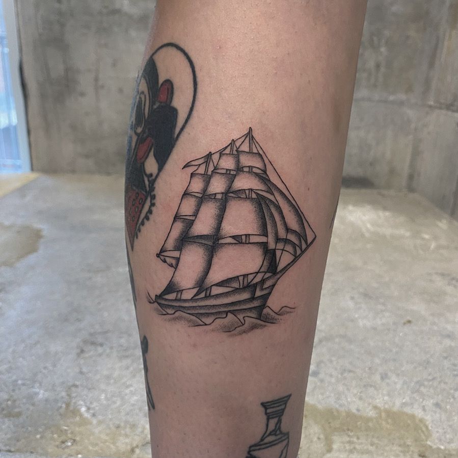 pirate ship tattoo on shoulder @dimkymn NYC | Instagram
