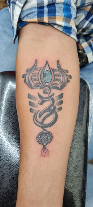 trishul with om and rudraksh tattoo