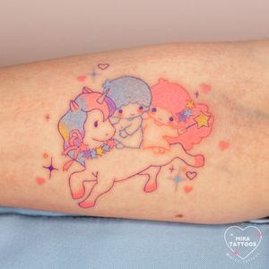 Get a cute and colorful kawaii tattoo featuring Kiki & Lala from Little Twin Stars, expertly done by Mika Tattoos in fine line illustrative style.