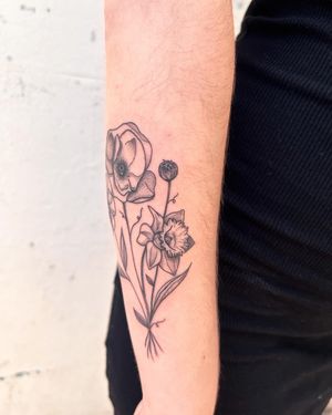 Beautiful lower arm tattoo by Kiky Flore featuring intricate dotwork and fine line flowers design.