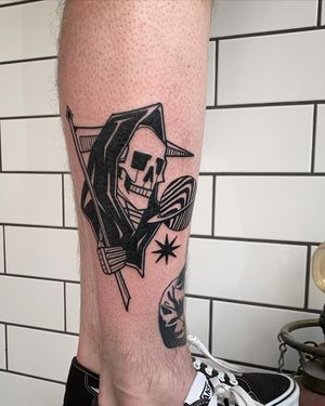 Get a hauntingly beautiful illustrative grim reaper tattoo by Adrimetric. Perfect for dark and edgy vibes.