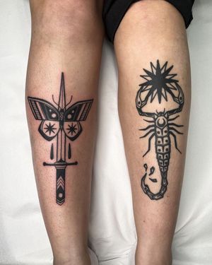 Adrimetric's unique blackwork design featuring a scorpion, butterfly, and dagger. A striking and symbolic piece.