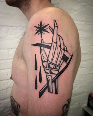 Illustrative tattoo featuring a grim reaper and skeleton hand by Adrimetric. Bold blackwork style with intricate details.