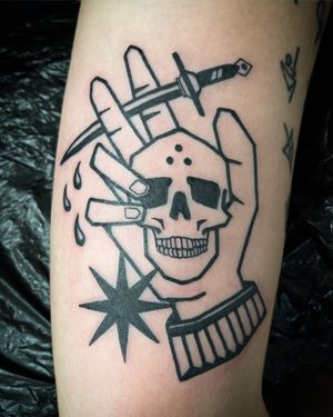 Blackwork tattoo by Adrimetric featuring a skull, dagger, and hand in a bold, illustrative style. Express your dark side with this unique design.