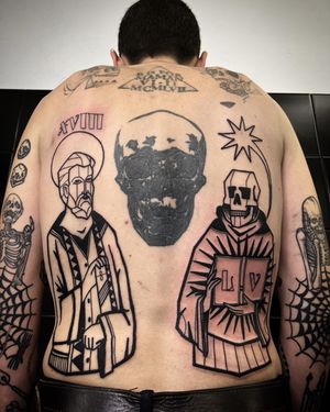 Blackwork tattoo of a religious saint done in Adrimetric's unique illustrative style.