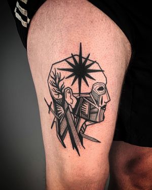 This blackwork illustrative tattoo features a unique design combining a sword, man, and abstract elements, created by the talented artist Adrimetric.