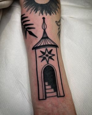 Experience the power and beauty of blackwork illustrative style with this stunning tower tattoo by the talented artist Adrimetric.