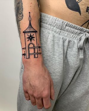 Adrimetric creates a stunning tattoo design combining a sword, architecture, and tower motifs in an illustrative style.
