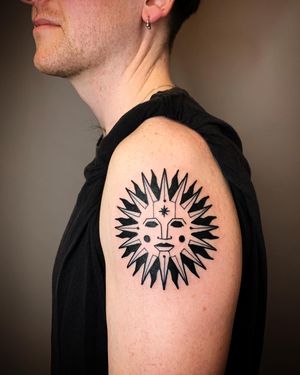 Capture the power of the sun with this stunning blackwork illustrative tattoo by Adrimetric. Bold and timeless design!