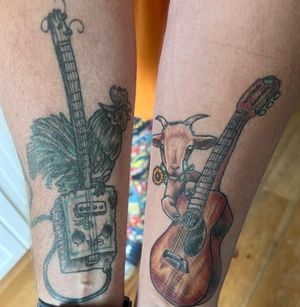 In December, I got the Cigar Box Guitar and chicken by Sal in Vegas. 3 weeks ago, Joshua Renfro from Excelsior Tattoo in Jonesborough, TN did the acoustic. This was a guitar that my Mom/Dad gave me when I was 7. We own a small farm so I had him add the goat to match the chicken from the other tattoo. 