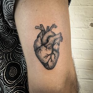 An intricately detailed anatomical heart tattoo in neo-traditional style, located on the upper arm. Created by talented artist Jenny Dubet.