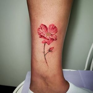 beautiful red wildflower on ankle color tattoo #Fineline