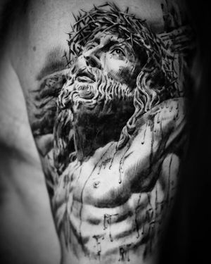 realistic Jesus tattoo on upper arm #Realism