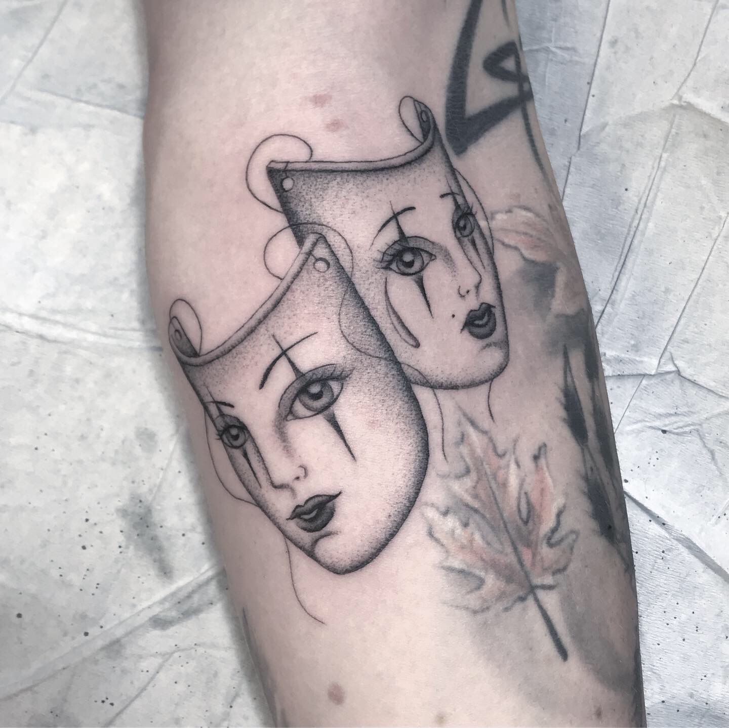 First Tattoo- Theater Drama Masks drawn as Sugar Skulls : r/pics