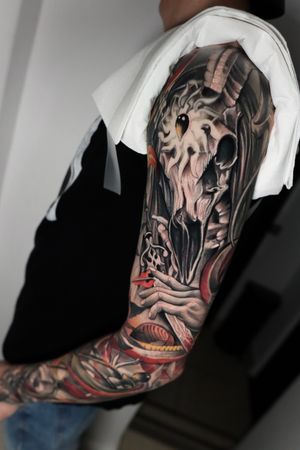 Epic sleeve for Arvid! 90% healed @tattooinlondon www.crimsontalestattoo.co.uk 02086821185 #sleevetattoo #fullsleevetattoo #deathtattoo #colourtattoo #neotrad #neotraditionaltattoo #tattoo #tattoos #london #londontattoo #armtattoo #skulltattoo #beautifultattoos