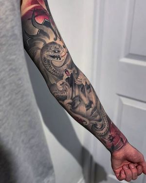 Healed inner sleeve by Wandal @tattooinlondon www.crimsontalestattoo.co.uk 02086821185 #sleevetattoo #sleevetattoos #healedtattoo #colourtattoo #neotrad #neotraditionaltattoo #tattoo #tattoos #london #londontattoo #armtattoo #snaketattoo #beautifultattoos