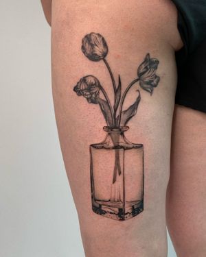 Experience intricate dotwork art by Ophelya Jeandat, featuring a stunning peony flower in a vase. Unique and illustrative design.