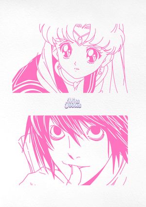 Monochrome pink Sailor Moon and Death Note anime & manga panels