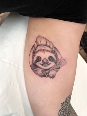 The cutest face and the sweetest tribute to a friend. I could stare at this one all day and I had the best time tattooing it!Took the photo at a funny angle so got a bit of a warp on it. WARP SLOTH.