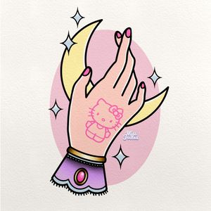 Pastel traditional tattooed hand holding a moon with Hello Kitty design 🌙 🐱 