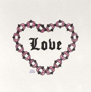 Black and pink lettering design with heart chain drawn with coloured pencil ⛓️💖