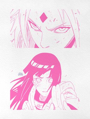Monochrome pink anime/manga panel designs of Sakura and Hinata from Naruto 💕