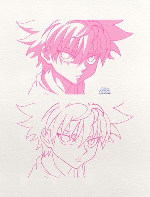 Monochrome pink Killua anime panel from Hunter x Hunter 