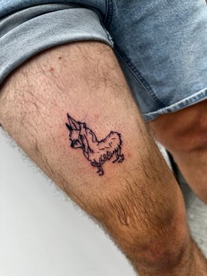 Get inked with a unique and stylish tattoo by Miss Vampira. This fine line illustrative design features a sketch of a dog and alpaca, perfect for animal lovers.