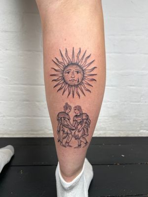 Get a unique dotwork and fine line calf tattoo featuring a medieval duel with a sun motif by Jack Henry Tattoo.