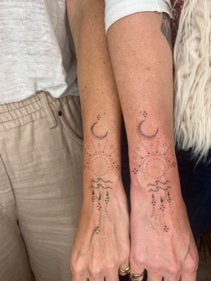Embrace the harmony of elements with this stunning hand-poke tattoo featuring waves, sun, and moon motifs by Indigo Forever Tattoos.