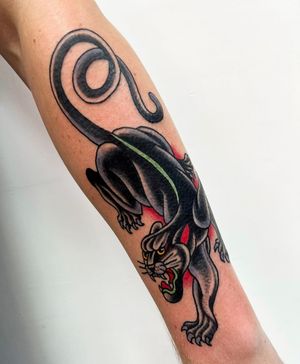 Classic traditional panther motif inked by Barney Coles, perfect for bold and timeless tattoo enthusiasts.