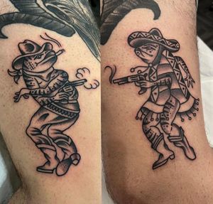 Get inked with a unique traditional tattoo featuring a frog in sombrero, ready for a shooter duel by Barney Coles.