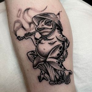 Unique dotwork design on calf by tattoo artist Barney Coles. Embrace the beauty of nature with this stunning frog motif.