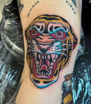 Bold and fierce tiger design tattooed on the knee in classic traditional style by renowned artist Barney Coles.