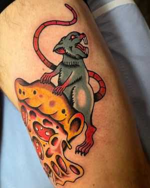 Colorful and fun illustrative tattoo of a rat enjoying a slice of pizza, by Barney Coles. Perfect for pizza lovers!