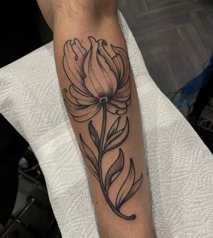 Barney Coles creates a stunning black and gray, dotwork, fine line illustrative flower design on your forearm.